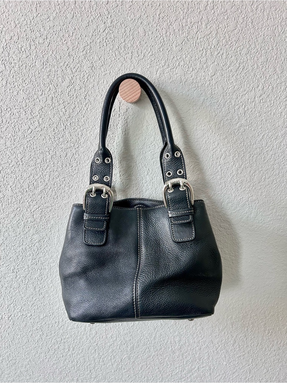 Tignanello Black Leather Bag with Silver Tone Buckle Detail
